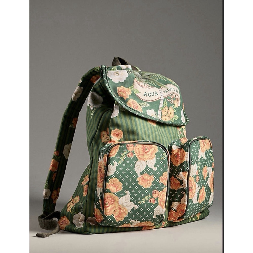 Agua Bendita Pea‎ Backpack Green Floral Drawstring Backpack NWOT